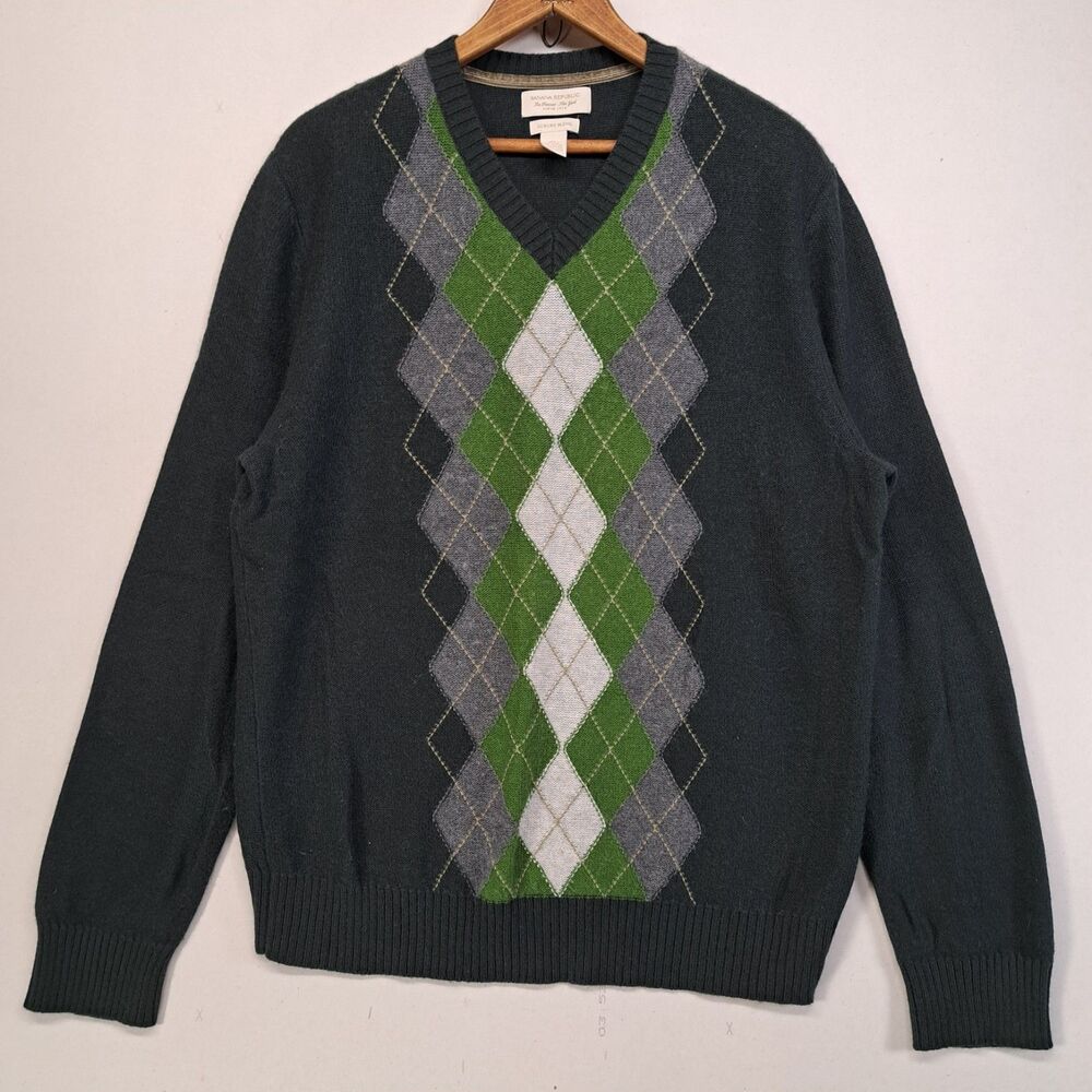 Banana Republic Cashmere Angora Blend Mens Medium Argyle V-Neck Sweater Green